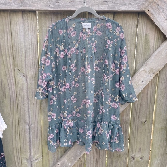 American Eagle Boho Chiffon Floral Printed Open Front Kimono Cardigan - Picture 1 of 8